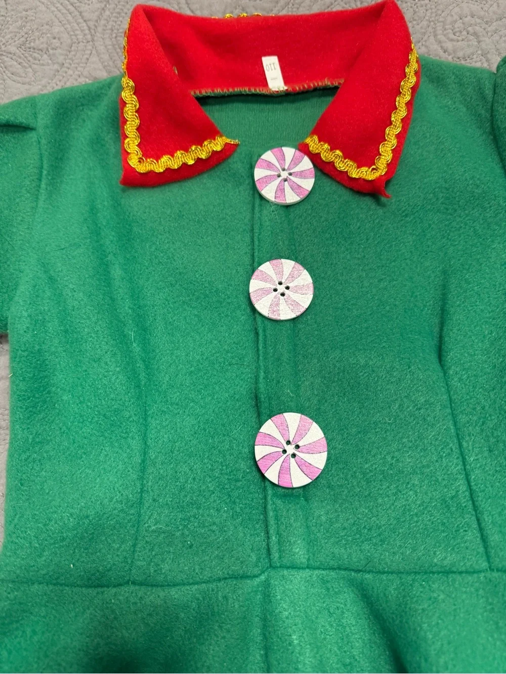 Girls' Green & Red Elf Costume with Striped Tights and Hat